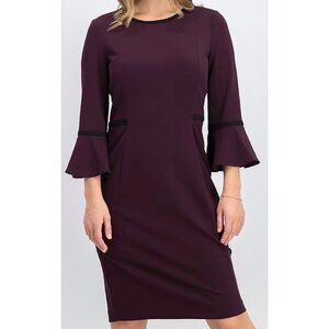 Calvin Klein Dark Purple Bell Sleeve Stretch Crepe Sheath Dress Size 12 Classic